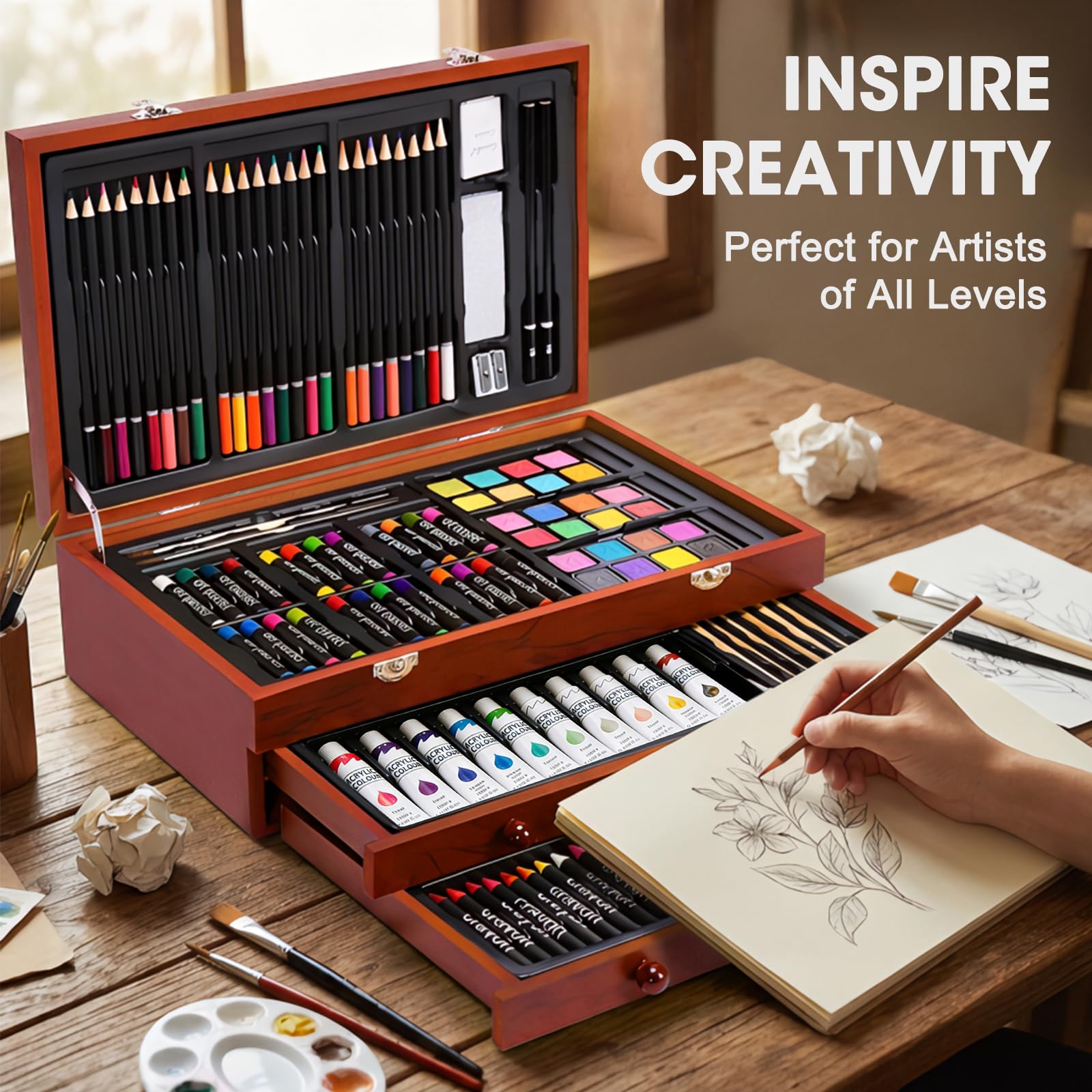 175 Piece Deluxe Art Set with 2 Drawing Pads, Acrylic Paints